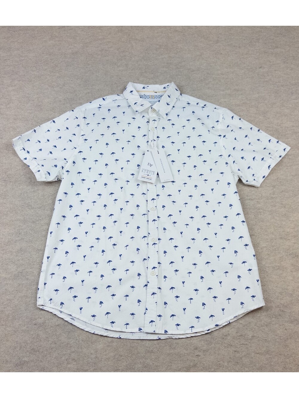 Denim & Flower Men's Slim Fit White Short Sleeve Shirt with Blue Palm Tree Print